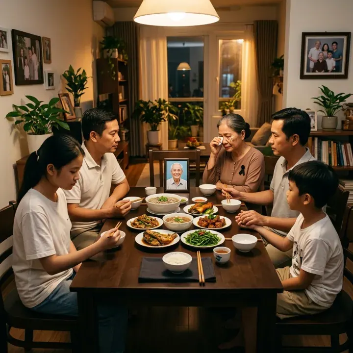 Năm người ngồi quanh bàn ăn có nhiều món, cạnh di ảnh và các ảnh gia đình trong phòng