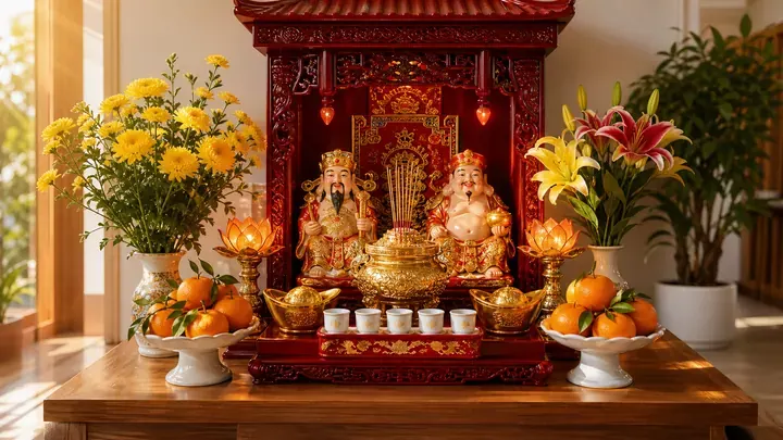 Bàn thờ đỏ có hai tượng, chén trắng, hoa vàng và khay quả