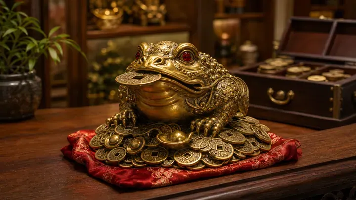 Cóc ngậm đồng tiền trên lớp tiền xu và đệm đỏ, phía sau có hộp gỗ