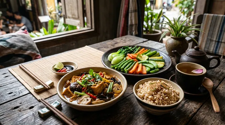 Mâm cơm chay bày trí tinh tế thanh tịnh với rau củ nấm luộc và đậu hũ kho