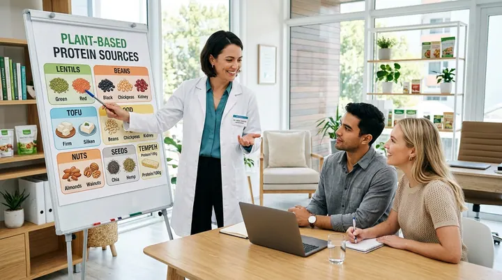 Nữ chuyên gia dinh dưỡng đứng bên bảng flipchart giải thích đạm thực vật