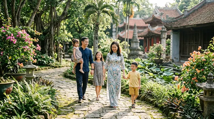 Gia đình mặc áo lam truyền thống dạo bước trong khuôn viên chùa cổ rêu phong