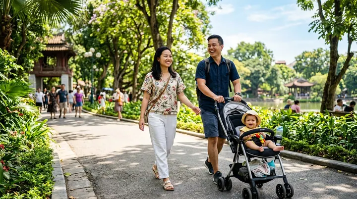 Gia đình cùng nhau tản bộ thư thái dưới bóng cây xanh mát bên hồ nước thanh bình buổi sớm