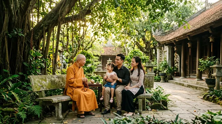 Gia đình ngồi trò chuyện cùng sư thầy tại chùa cổ kính