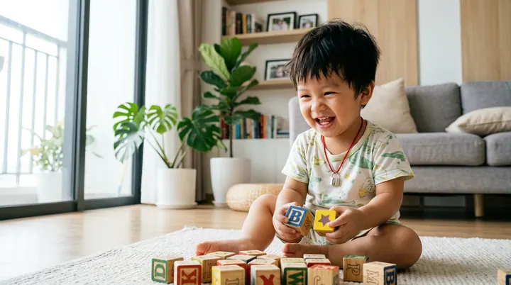 Em bé vui vẻ khỏe mạnh đeo chiếc khánh bạc may mắn