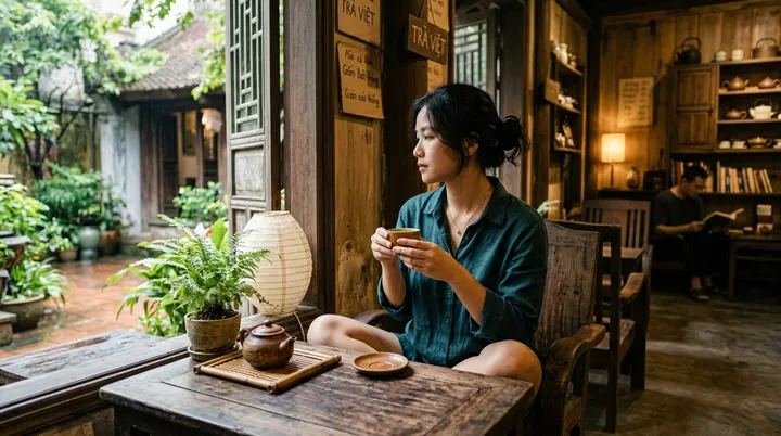 Người trẻ ngồi tĩnh tâm suy ngẫm bên tách trà ấm, giữ tâm trí sáng suốt trước những lời phán tâm linh thiếu căn cứ