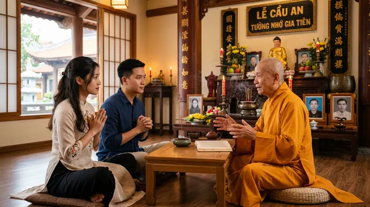 Một nhà sư hiền hậu đang giảng pháp chỉ dẫn cúng bái chánh tín cho vợ chồng trẻ chắp tay thành kính