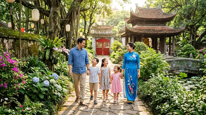 Gia đình dắt tay các bé dạo bước trên thềm đá cổ kính ngập sắc hoa tươi sáng chùa rợp bóng cây cổ thụ
