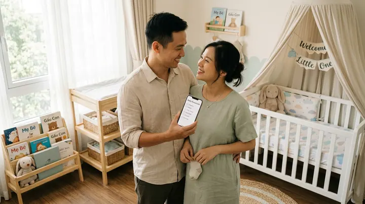 Cha mẹ trẻ hạnh phúc dùng điện thoại kiểm tra danh sách đồ dùng cho con