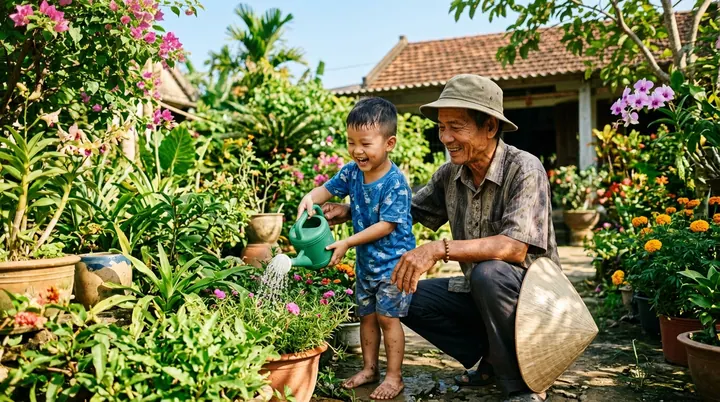 Ông nội đang dắt bé con đi dạo tưới hoa trong vườn ngập tràn ánh nắng