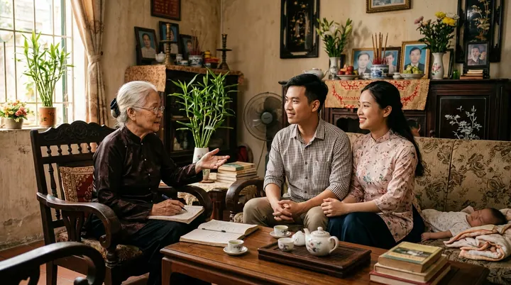 Ông bà trao đổi cùng cặp vợ chồng trẻ về gìn giữ phong tục truyền thống kết hợp khoa học chăm sóc con cái