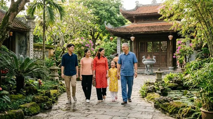 Gia đình ba thế hệ vui vẻ dạo bước dưới bóng cây xanh mát rượi trong khuôn viên ngôi chùa cổ kính