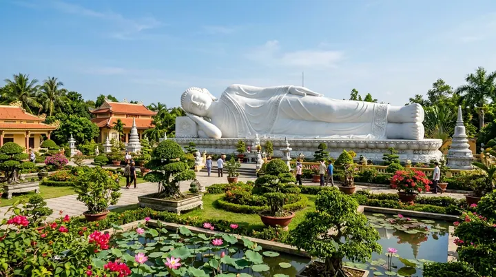 Tượng Phật Thích Ca nhập Niết Bàn màu trắng nằm an nhiên cạnh hồ hoa súng và vườn cây cảnh