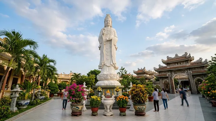 Tượng Quán Thế Âm Bồ Tát đứng trên đài sen giữa sân Chùa Vĩnh Tràng hướng ra cổng tam quan