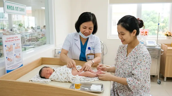 Nhân viên y tế hướng dẫn sản phụ cách vệ sinh và chăm sóc cuống rốn cho trẻ sơ sinh