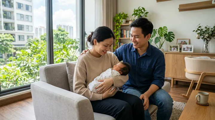 Cha mẹ quây quần chăm sóc bé sơ sinh trong không gian phòng ngủ thoáng khí ấm áp