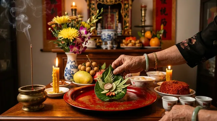Bố mẹ thắp hương thành kính khấn vái trước mâm cúng đầy tháng