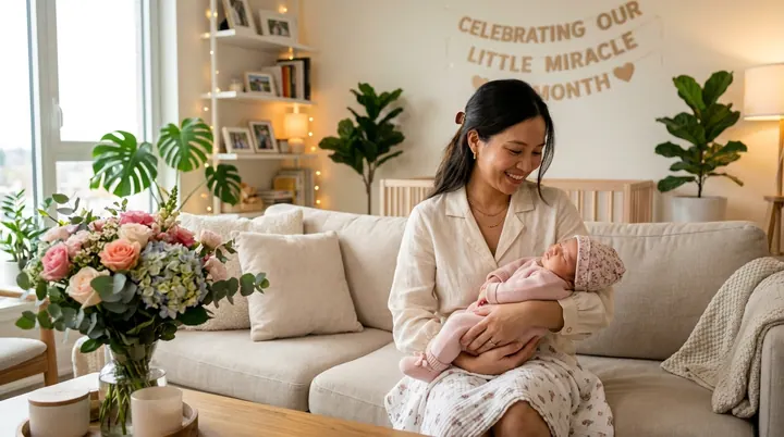 Người mẹ trẻ hạnh phúc bế bồng con yêu đầy tháng