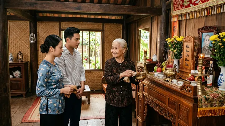 Người bà hiền từ chỉ dẫn đôi vợ chồng trẻ cách dùng khăn mềm lau dọn ban thờ Phật gỗ gụ cổ kính