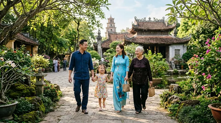 Cả nhà vui vẻ dạo bước dưới râm mát bóng cây cổ thụ xanh mát rượi trong chùa cổ kính ngói đỏ