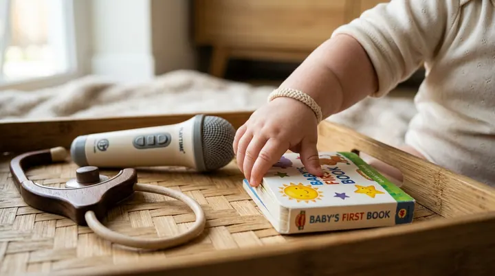 Em bé 1 tuổi mặc áo yếm truyền thống hào hứng với tay chọn món đồ yêu thích trên mẹt bốc thôi nôi