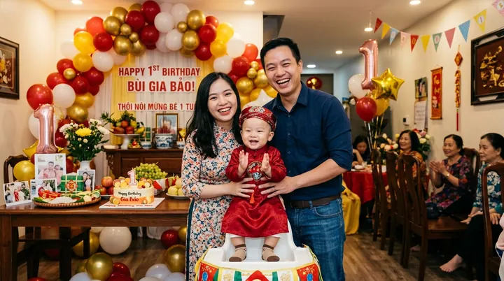 Cha mẹ và người thân rạng rỡ chúc phúc cho em bé diện áo gấm đỏ trong ngày lễ thôi nôi ấm áp