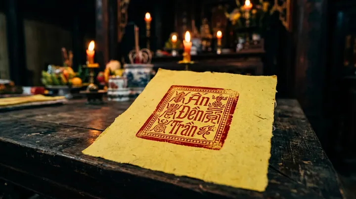 Mẫu lá ấn Đền Trần đóng triện đỏ Trần Miếu Tự Điển và Tích Phúc Vô Cương trên nền giấy điệp vàng lụa