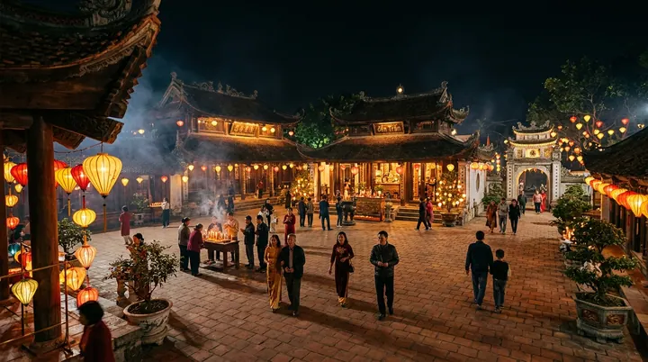 Quần thể Đền Trần Nam Định lung linh ánh đèn dầu và đèn lồng ấm áp trong đêm hội tế Tổ
