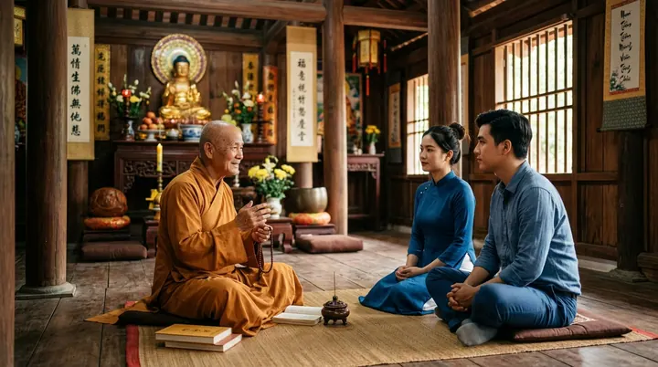 Sư thầy mặc áo tu sĩ vàng cát đang từ tốn chỉ dạy cho đôi vợ chồng trẻ cách khấn nguyện chánh pháp chánh niệm