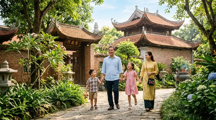 Gia đình dắt tay hai bé dạo bước trên thềm đá cổ kính ngập sắc hoa sen chùa rợp bóng cây xanh