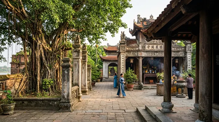 Khuôn viên đền cổ xanh mát rợp bóng cây cổ thụ thanh tịnh.
