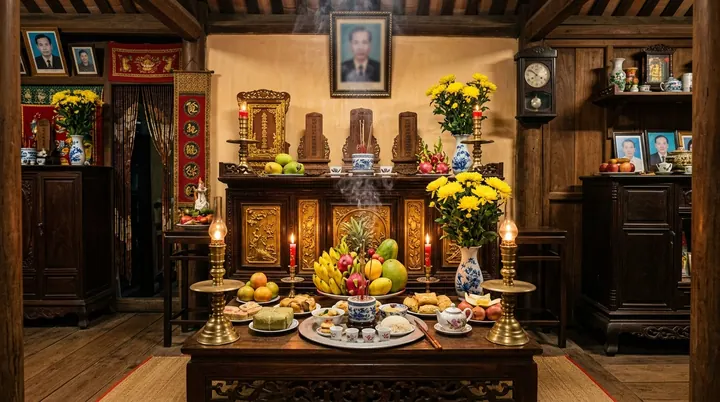 Bàn thờ gia tiên chuẩn bị tươm tất ấm cúng với mâm cỗ mặn và hoa quả đêm ba mươi Tết