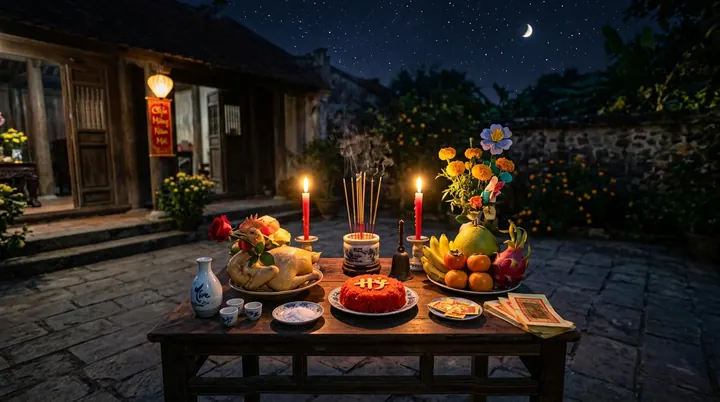 Mâm cúng ngoài trời đêm 30 Tết lung linh ánh nến