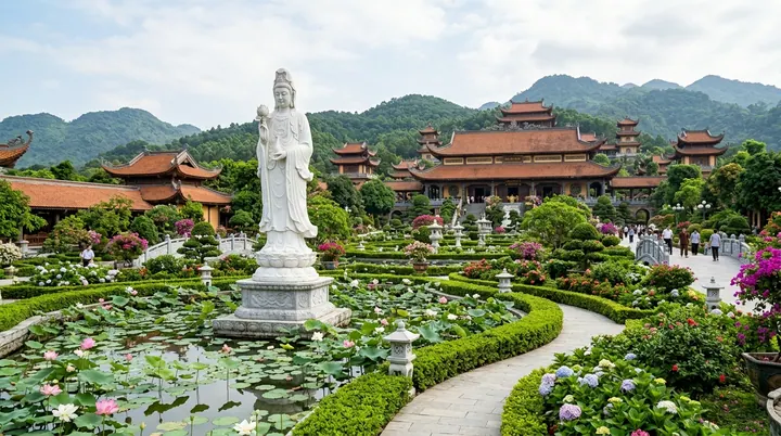 Tượng trắng đứng trong vườn hoa, phía sau là quần thể mái chùa và núi