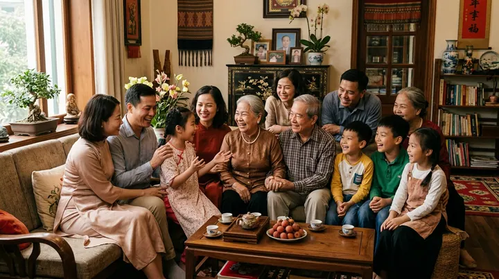 Nhiều thế hệ trong gia đình cùng ngồi trò chuyện trong phòng khách