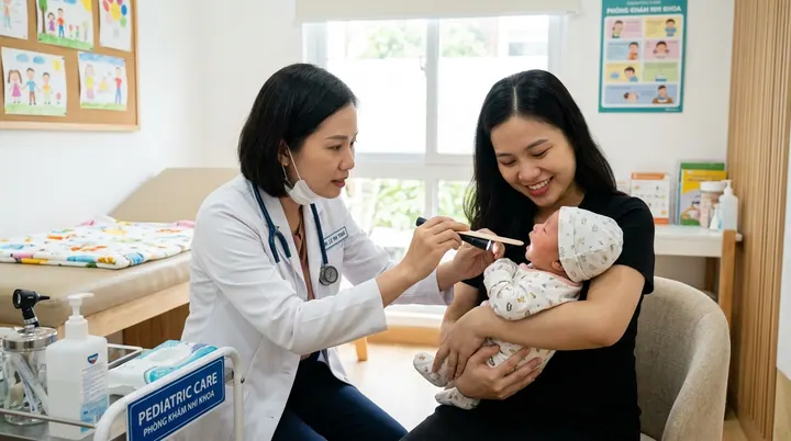 Bác sĩ nhi khoa thăm khám kiểm tra sức khỏe tổng quát và đường hô hấp cho trẻ sơ sinh tròn một tháng tuổi