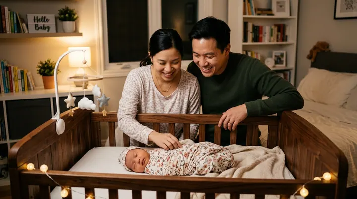 Cha mẹ cười đùa hạnh phúc tương tác bằng ánh mắt và giọng nói ấm áp bên nôi em bé sơ sinh phát triển khỏe mạnh