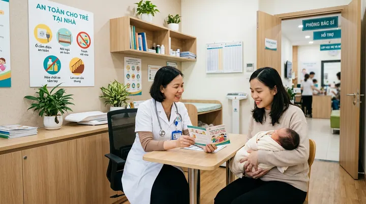 Người mẹ bế con nhỏ nghỉ ngơi trong căn phòng thoáng mát yên tĩnh với ánh sáng tự nhiên chan hòa qua khung cửa sổ