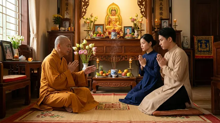 Vị sư thầy hướng dẫn phật tử tại gia cách sử dụng chuông mõ và tư thế đảnh lễ quỳ sám hối đúng chánh pháp