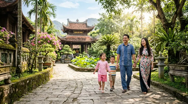 Gia đình cùng các con nhỏ dạo bước an lạc bên hồ sen trong khuôn viên thiền viện thanh tịnh