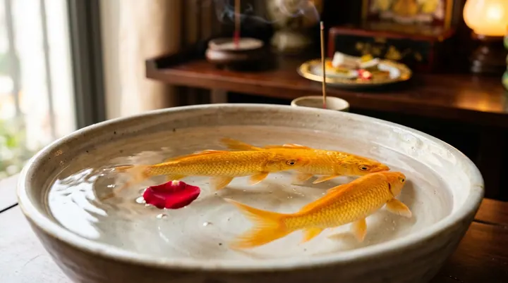 Ba con cá chép vàng bơi trong chậu gốm tráng men trắng cùng cánh hoa hồng đỏ và khói hương trầm chuẩn bị lễ tiễn Ông Công Ông Táo