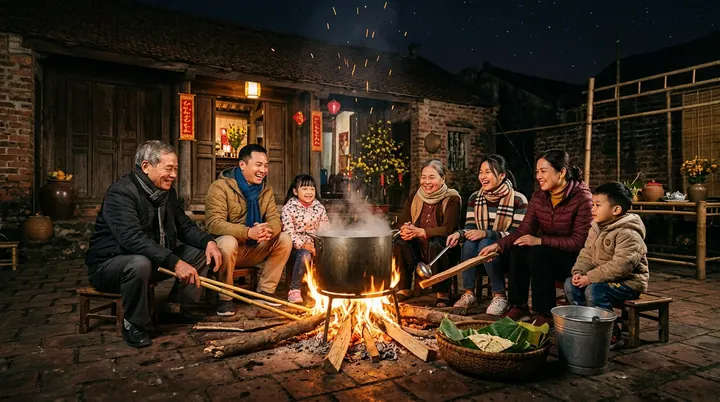 Gia đình ba thế hệ quây quần vui vẻ bên bếp lửa nấu nồi bánh chưng nghi ngút khói giữa sân gạch ngày giáp Tết cuối năm