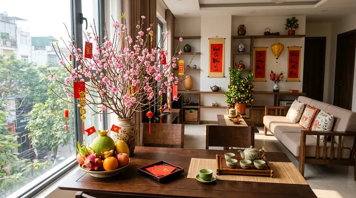 Bàn trà phòng khách bài trí ấm trà sen, mâm ngũ quả, phong bao lì xì và cành đào bích khoe sắc hồng bên cửa sổ đón Tết