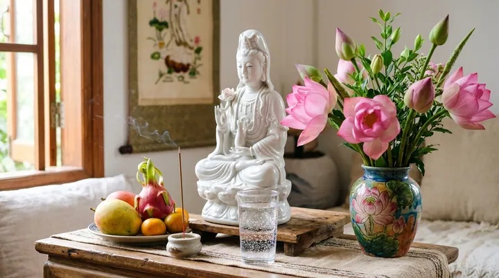 Bàn thờ Quan Thế Âm Bồ Tát bằng sứ trắng trang nghiêm thanh tịnh dâng hoa sen hồng và nước trong tinh khiết