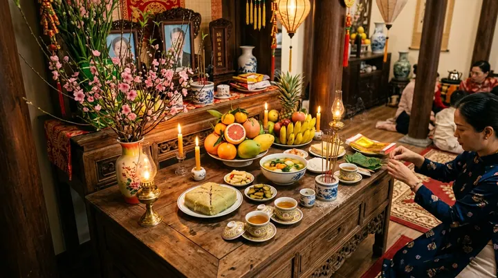 Mâm cơm cúng gia tiên ấm cúng trang nghiêm trong ngôi nhà gỗ truyền thống rực rỡ sắc hoa xuân sum vầy