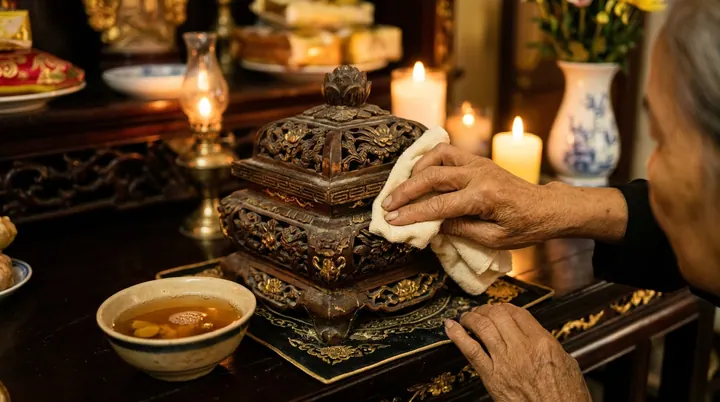 Gia chủ thành kính dùng khăn sạch và nước gừng ấm lau dọn bao sái bát hương trên ban thờ gia tiên đón mùa đông cuối năm