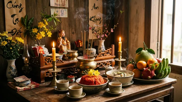 Mâm lễ vật thanh tịnh cúng tạ đất Thổ Thần với đĩa xôi gấc đỏ, hoa cúc vàng tươi, trầu cau và chén nước trong