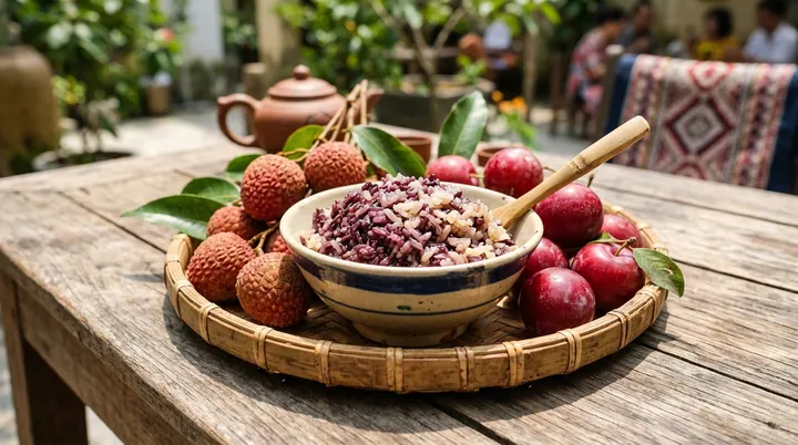 Cơm rượu nếp thơm nồng và đĩa quả mận đỏ vải chín ngày Tết Đoan Ngọ