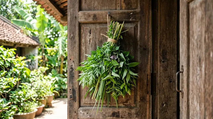 Bó lá thảo dược mùng năm ngải cứu sả tươi treo trước cửa gỗ phòng trừ sâu bọ mùa hạ