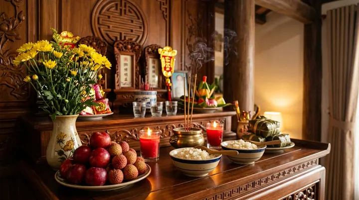 Không gian bàn thờ cúng Tết Đoan Ngọ mùng 5 tháng 5 với hoa quả chín và đèn nến trang nghiêm